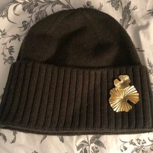 Anthropology Maeve Green Wool Hat w/Gold Leaf Pin